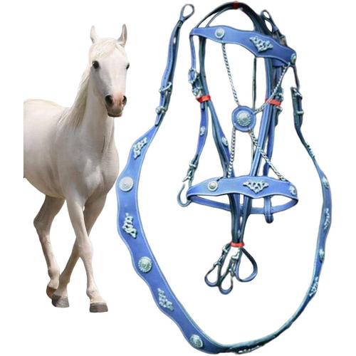 Bleu Licol En Cuir Pour Chevaux, Licou Et Laisse Pour Chevaux En Cuir Pu, Licols Ergonomiques Confortables Sans Entraves Avec Boucle En Métal Pour Stabilité, Concours, Entraînement, Conduite