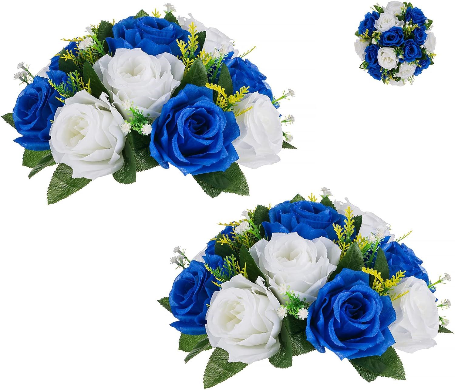 Bleu Saphir et Blanc Fleur Mariage Artificielle Decoration Roses 2 PièCes Bleu Saphir et Blanc Boule de Fleurs Artificielles pour Deco Centre Chemin de Table DéCoration Flowers Bouquet avec Base pour