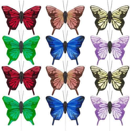 Bleu+Violet+Rouge+Vert+Jaune+Rose 12pcs Papillons Décoratifs Avec Fil De Fer Papillon Artificiel 3d Couleur Coloré Papillon Décoration Aile Pour Salon Chambre Cuisine Fenêtre Chambre Jardin