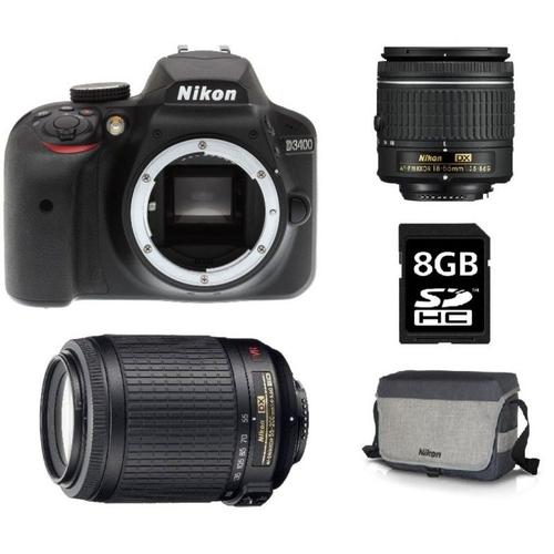Nikon Appareil Photo Reflex D3400 Noir + Objectif 18-55mm + Objectif 55-200mm + Sac Photo + Carte SD 8Go