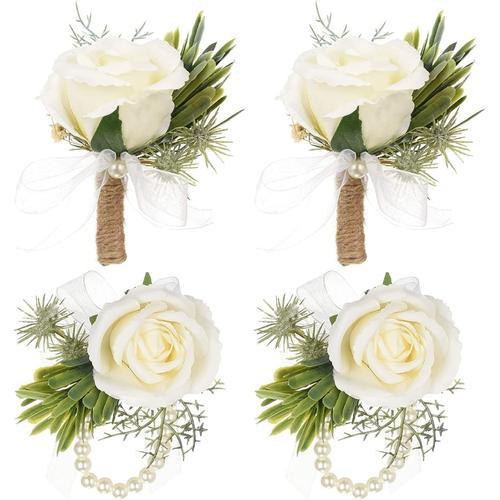Blanc,vert Boutonniere Mariage,Guador 2 Set Blanc Boutonniere Bracelet Poignet Corsage Rose Fleur Poignet Perle Bracelet Fleur Artificielle Corsage Accessoire