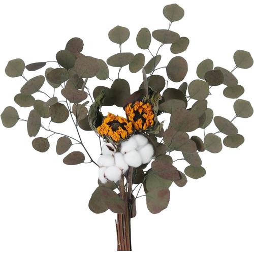 Jaune Bouquet de Fleurs Sechees Naturelles Deco 55cm Branche de Coton Naturel avec Feuilles D'eucalyptus Séchées et Tournesols Jaune pour Balcon Mariage Table Composition Floral