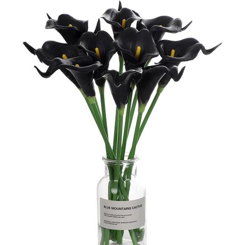 Noir 12 pcs Calla Lily Fleurs Artificielle Noir en Latex Bouquets Réaliste de pour la Mariée De Mariage hôtel Maison Jardin Décoration Tables Baptême, Anniversaire, Arrangements Floraux