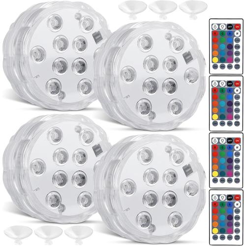 Blanc. Lot De 4 Lumières Led Avec Télécommande, Lumière Led Submersible, Télécommande Multicolore Rvb, Éclairage Sous-Marin, Led Étanche, Pour Piscine, Vase, Spa, Aquarium, Étang, Jacuzzi, Décoration