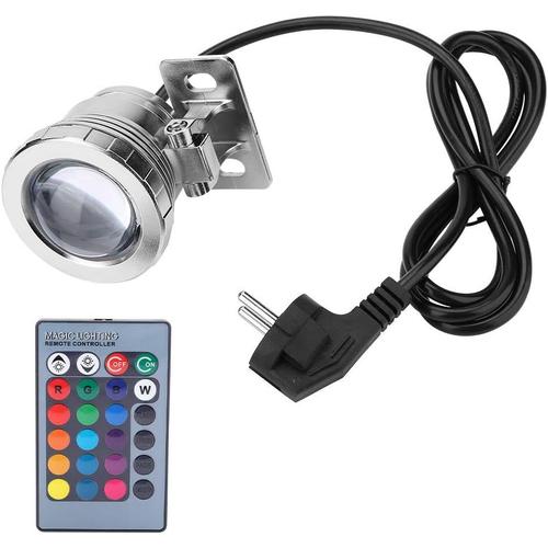 Argenté Riuty Projecteur Led Rvb Submersible - 10 W - Prise Européenne - Projecteur Extérieur Avec Télécommande - Pour Aquarium, Bassin, Fontaine, Jardin (Argent)