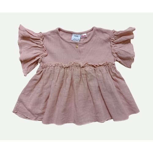 Robe Vieux Rose A Manches Courtes. Volants. Zara. Coton. Elasthanne. Taille 18 / 24 Mois. 92 Cm