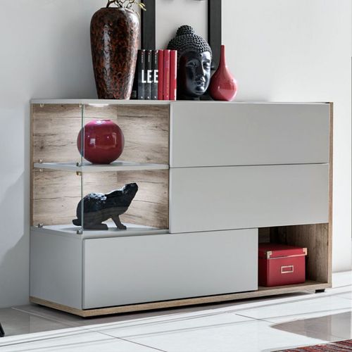 Paris Prix - Buffet 3 Portes & 3 Niveaux "Silk" 120cm Gris Clair & Naturel