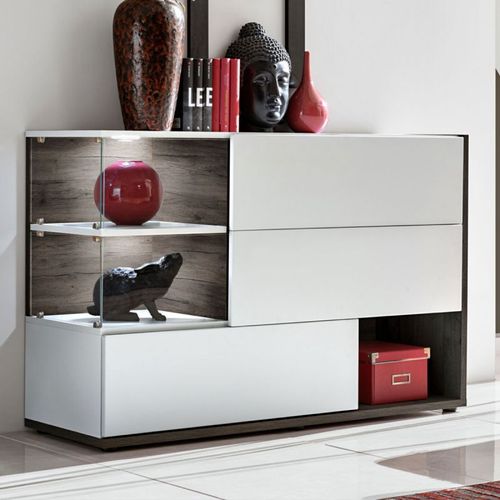 Paris Prix - Buffet 3 Portes & 3 Niveaux "Silk" 120cm Blanc & Marron