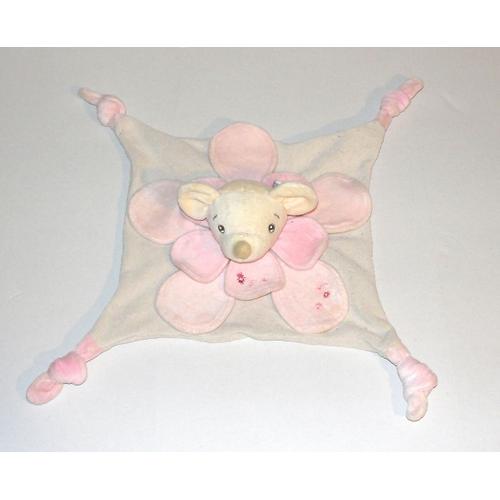 Doudou Souris Fleur Nounours Peluche Souris Beige Rose