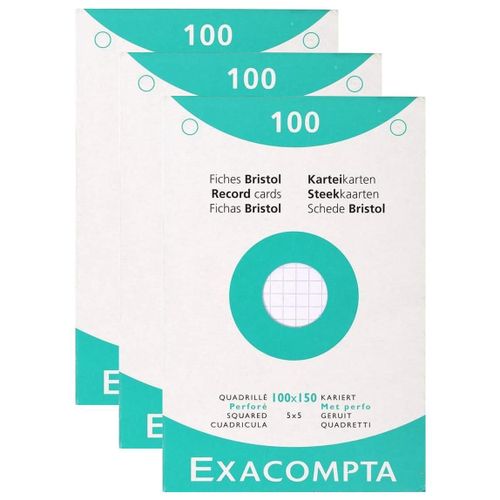 Exacompta Lot De 3 Étuis De 100 Fiches Bristol Quadrillé 5x5 Perforé 100x150mm Blanc