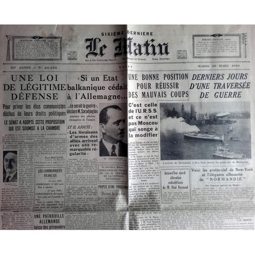 39-45 : Vieux Journal Authentique Et Complet "Le Matin" Du 26 Mars 1940
