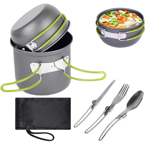 Cuisine Camping, Kit Casserole Camping Avec Marmite, Cuillère Coupe-Fourchette Pour 1 À 2 Personnes Camping, Randonnée, Pique-Nique, Sac Transport En Filet Inclus