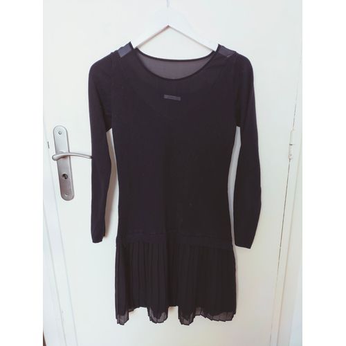 Robe Pull Promod Noire Avec Résille & Jupe Plissée En Voile S