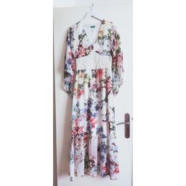 Robe Longue Benetton En Voile Blanc À Fleurs Avec Dentelle & Manches Évasées Xs