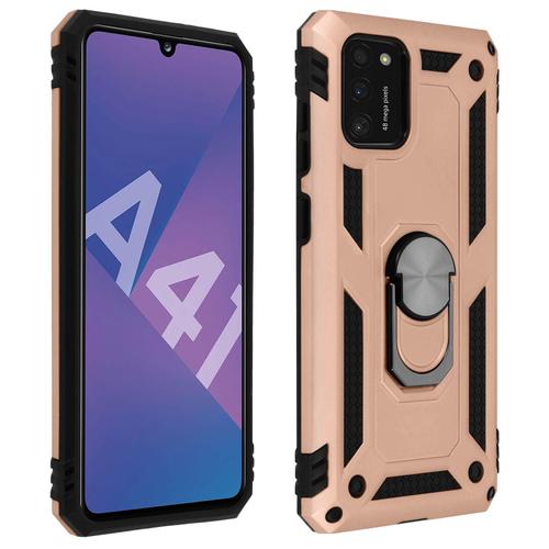 Coque Samsung Galaxy A41 Antichoc Bi-Matières Bague Support Vidéo Rose Champagne