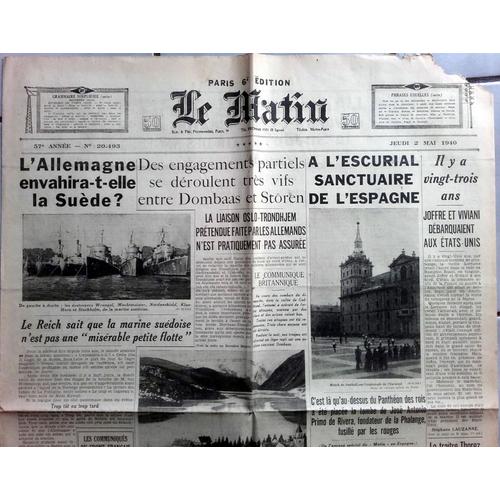 39-45 : Vieux Journal Authentique Et Complet Ww2 "Le Matin" Du 2 Mai 1940