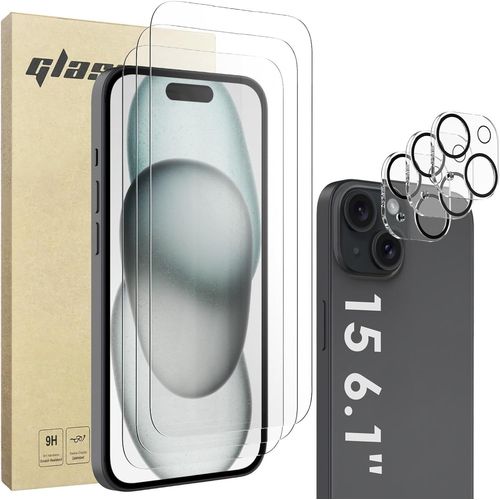 Lot De 3 + 3 Films De Protection D'écran Compatibles Avec Iphone 15 6,1"" Avec Protecteur D'objectif D'appareil Photo, Film En Verre Trempé 9h, Transparent Hd, Compatible Avec Les Coques