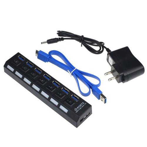 HUB 7 ports USB 3.0 haute vitesse avec adaptateur secteur pour ordinateur portable PC portable