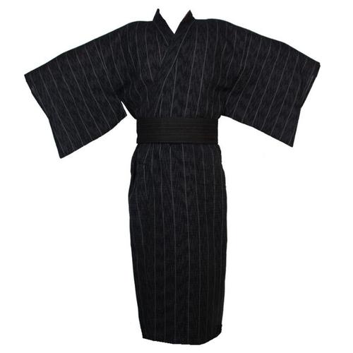 Expédié De Paris - Kimono Pyjama Homme Coton Noir Japonais Ceinture Obi Déguisement Résistant Maison Sorti Traditionnel
