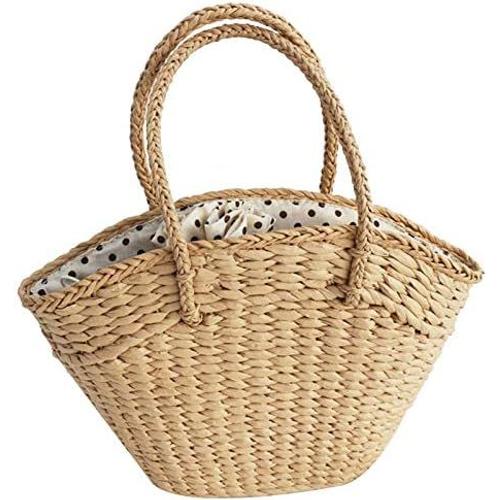 Sac à Main pour Femmes en Osier Tissé Sac à BandoulièRe pour Dames Sac de Tissé en Paille Grande Capacité Portable Dot Panier Portefeuille A