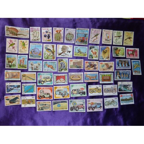 Timbres Cambodge - 54 Beaux Timbres Du Cambodge - Kampuchea Des Années 1980. Motos, Automobiles, Animaux, Plantes, Oiseaux, Satellites... Lot 2