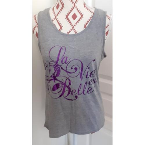 Débardeur Emonite, T. Xl, Gris Et Violet "La Vie Est Belle"