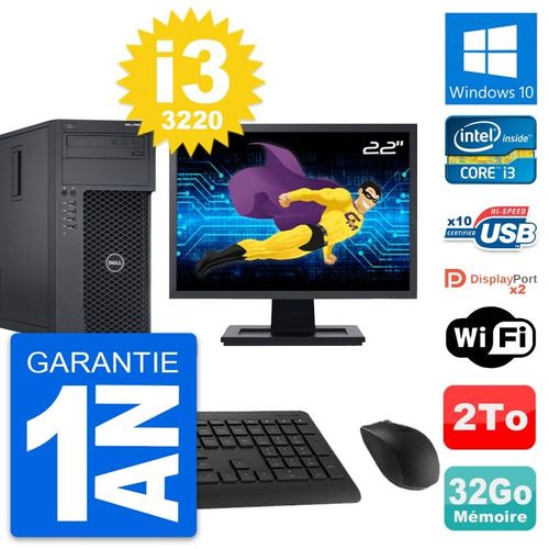 PC Tour Dell T1650 Ecran 22" Intel i3-3220 RAM 32Go Disque 2To Windows 10 Wifi