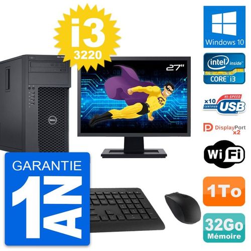 PC Tour Dell T1650 Ecran 27" Intel i3-3220 RAM 32Go Disque 1To Windows 10 Wifi