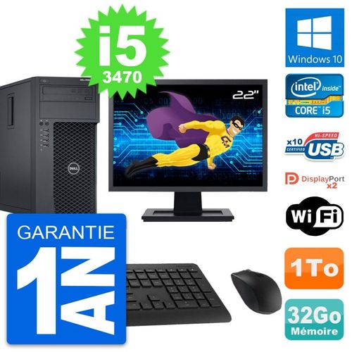 PC Tour Dell T1650 Ecran 22" Intel i5-3470 RAM 32Go Disque 1To Windows 10 Wifi