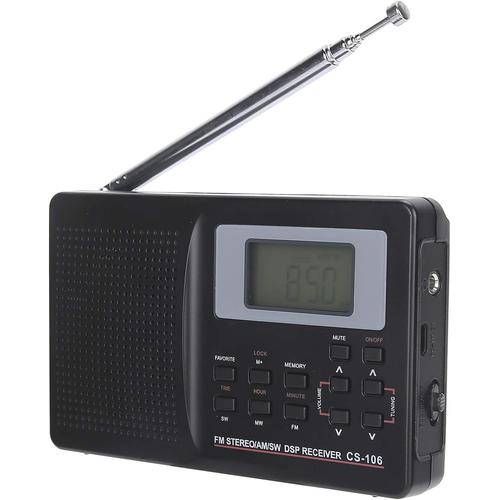 Radio Pleine Bande Mini Récepteur FM/AM/SW/MW/LW/TV avec Horloge Numérique Écouteur FM Stéréo Haute Sensibilité avec écouteurs et Cordon Léger et Portable