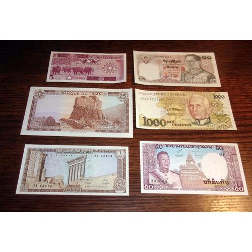 Lot De 6 Billets Du Monde : Somalie-Liban-Laos-Brésil