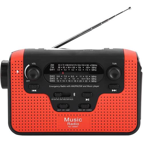 FM AM SW Radio à manivelle Solaire, Prend en Charge la Musique de Carte mémoire, Appel Mains Libres Radio FM Solaire, Banque de Charge de téléphone, pour Une Utilisation en Camping (Rouge)