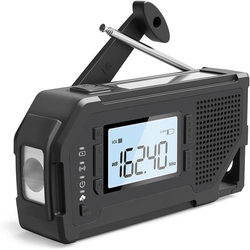 Radio météo Portable à manivelle Solaire d'urgence, Banque d'alimentation intégrée de 2000 mAh pour téléphone Portable. pour la Maison et Le Camping en Plein air, la randonnée (Color : Noir)