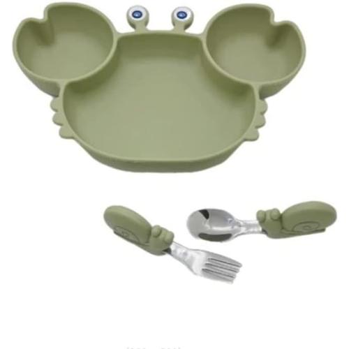 Assiette Bébé Avec Ventouse Cuillère Fourchette Bol Enfant Design Crabe Set De Table En Silicone Pour Tout-Petit, Assiette Pour Enfants, Plateau De Chaise Haute