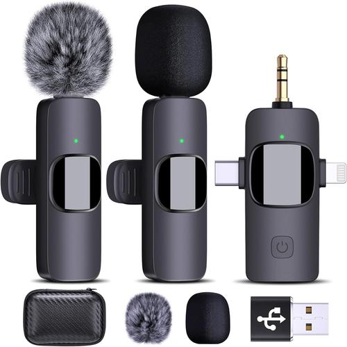 Double Micro Cravate sans Fil pour iPhone Android Caméra Ordinateur Portable PC, Microphone Revers sans Fil 4 en 1 pour Enregistrement Vidéo, Vlog, Youtube, TikTok