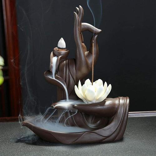 Brûleur d'encens Zen Lotus à Contre-Courant avec cône d'encens à Contre-Courant 10pcs, brûleur Porte-cône d'encens à Contre-Courant en céramique