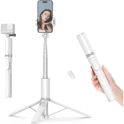 160cm Perche a Selfie, Selfie Stick Trépied avec Télécommande pour iPhone, Smartphones Android et Caméras d'action, Trépied Téléphone en Aluminium avec 2 Cold Shoe pour Lumière et Mic, Blanc