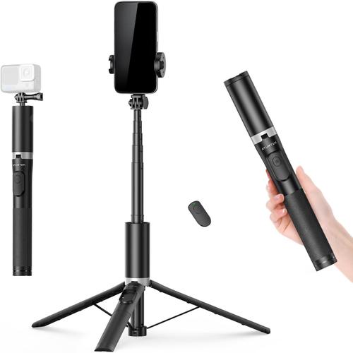 160cm Perche a Selfie, Selfie Stick Trépied avec Télécommande pour iPhone, Smartphones Android et Caméras d'action, Trépied Téléphone en Aluminium avec 2 Cold Shoe pour Lumière et Mic, Noir