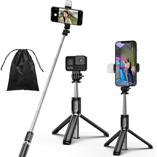 Perche À Selfie 4 En 1 Avec Lumière De Remplissage, Trépied Extensible Portable Avec Télécommande Sans Fil Amovible, Compatible Avec Iphone, Samsung, Appareil Photo Android (Noir + Lumière)