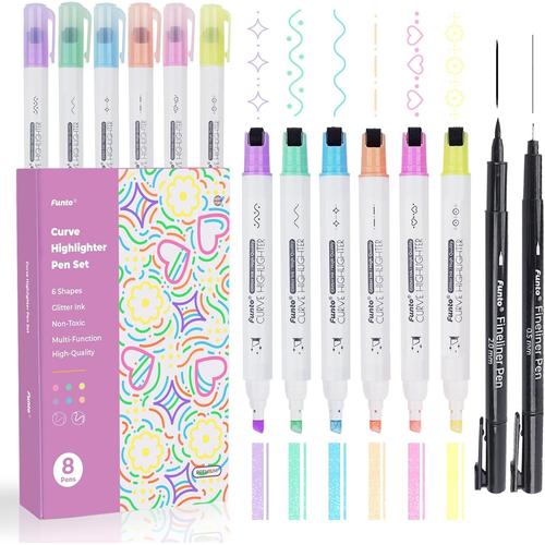 Curve Surligneur 8 Stylos, Double Pointe Avec 6 Formes Courbes, 6 Pointes Biseautées Pailletées, 2 Stylos Fineliner, Idéal Pour Le Scrapbooking Et La Journalisation