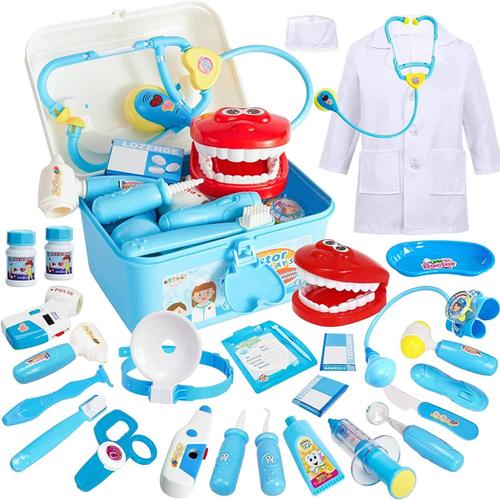 Malette Docteur Enfant Jouet Avec Déguisement De Docteur, Kit Medecin Outils Stetoscope Cadeau Pour Garçon Et Fille (Bleu)