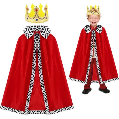 2 Pièces Déguisement Roi Reine Enfant, Cape De Prince Princesse Cape Royale En Velours Avec Couronne, Costume De Roi Reine Para Halloween, Carnaval, Soirée À Thème, 80cm