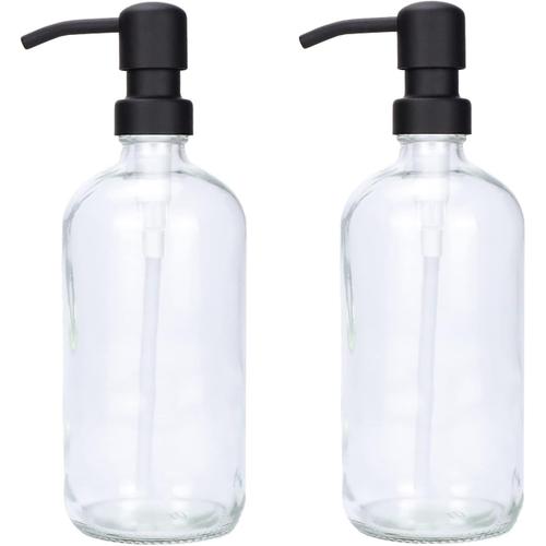 Lot de 2 distributeurs de savon en verre épais transparent de 500 ml avec pompe en acier inoxydable antirouille noire pour salle de bain, cuisine