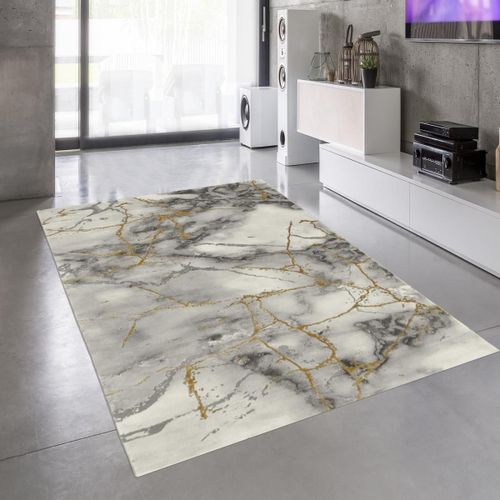 Tapis Salle À Manger 200x290 Tissé Gris Et Or Rectangle Motif Abstrait Marbal