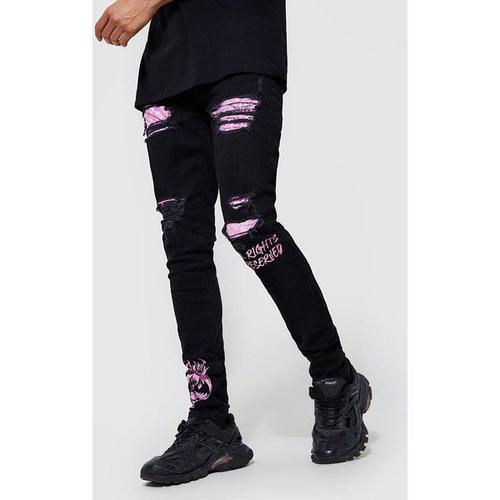 Tall - Jean Déchiré À Imprimé Graffiti Homme - Noir - 32, Noir