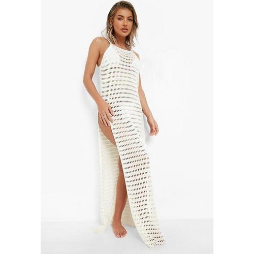 Robe De Plage Longue En Crochet À Fentes - Blanc - L