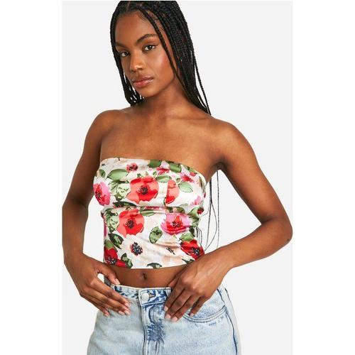 Tall Satin Floral Bandeau Top - Rouge - 14