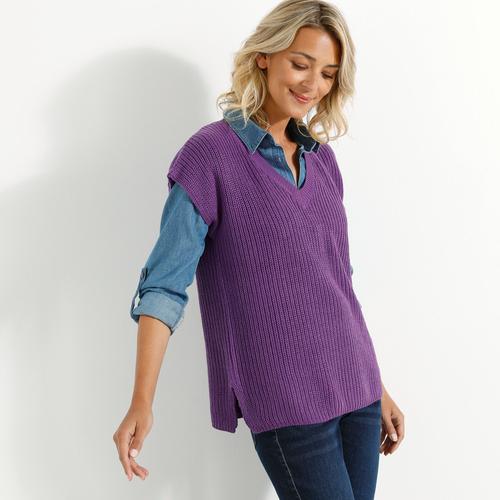 Pull Col V Manches Courtes Maille Anglaise - - Violet