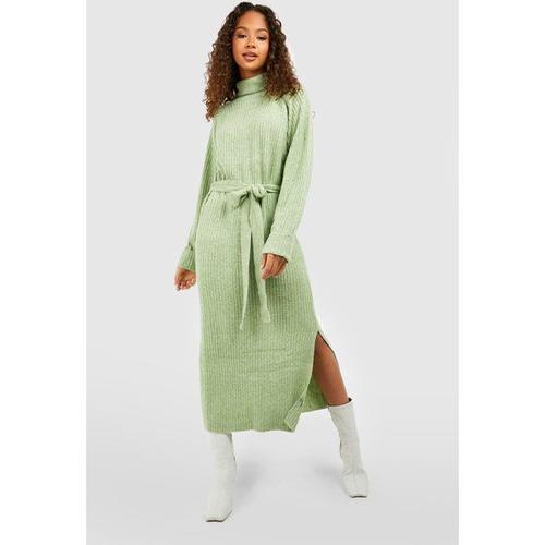 Robe Pull Longue À Col Roulé En Maille Fine - Vert Kaki - S