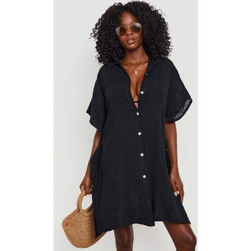 Chemise De Plage Effet Lin À Manches Chauve-Souris - Noir - S